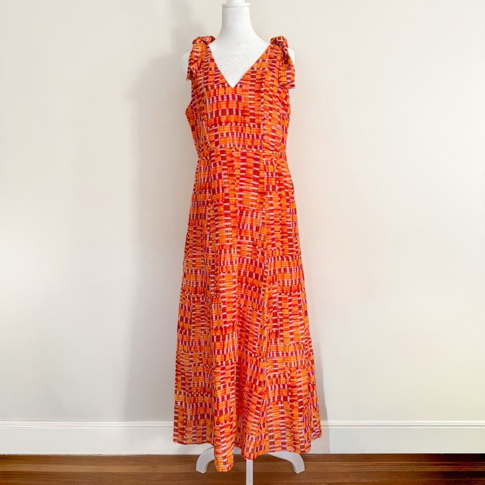 Marie Oliver Gigi Maxi Dress In Clementine Check XS Linen Blend Orange EUC